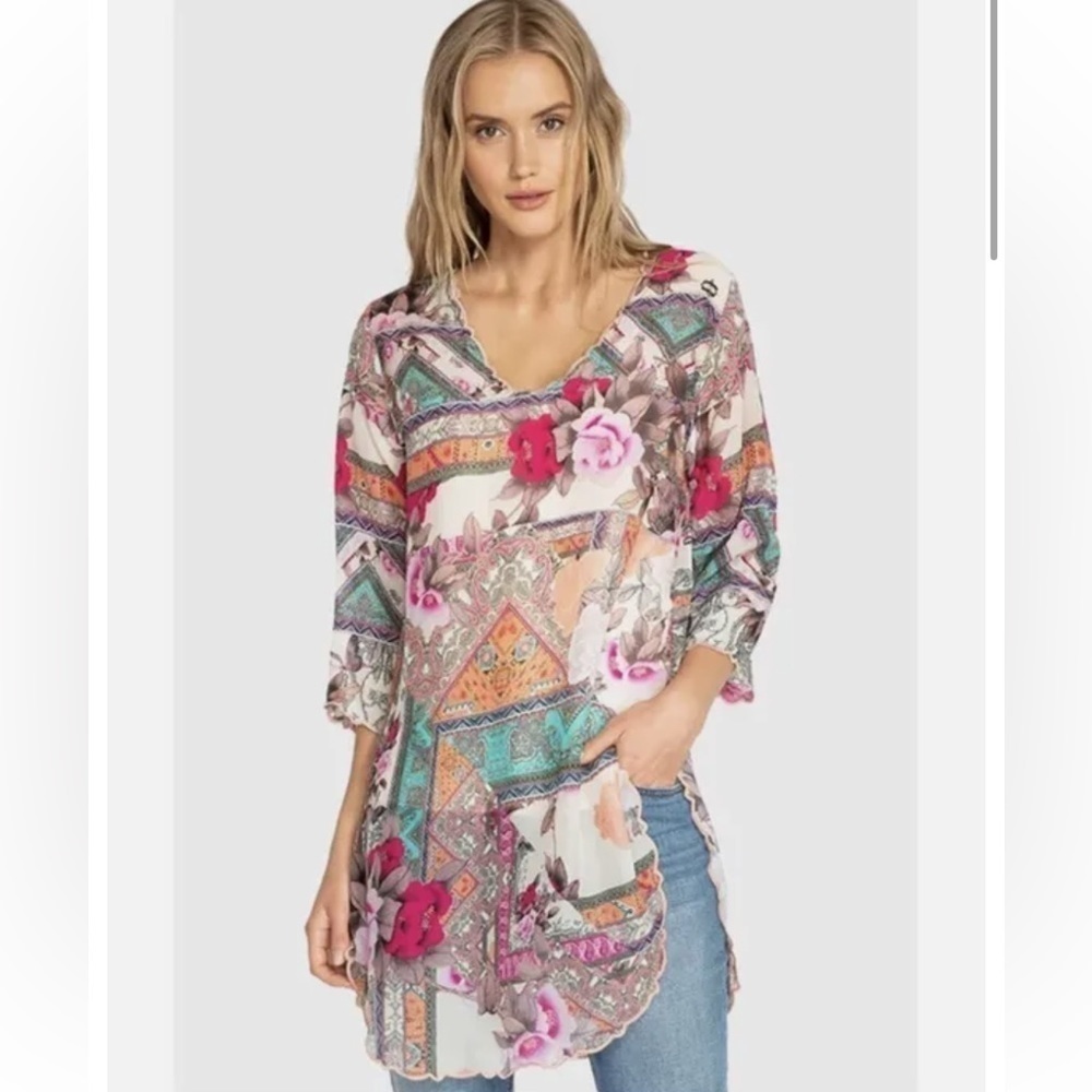 Johnny Was Charlotte Rose Multi Floral Print Blouse Tunic Small Boho FairyCore